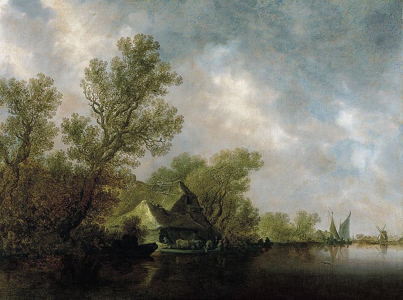 Jan van Goyen River Landscape with Ferry and cottages oil painting picture